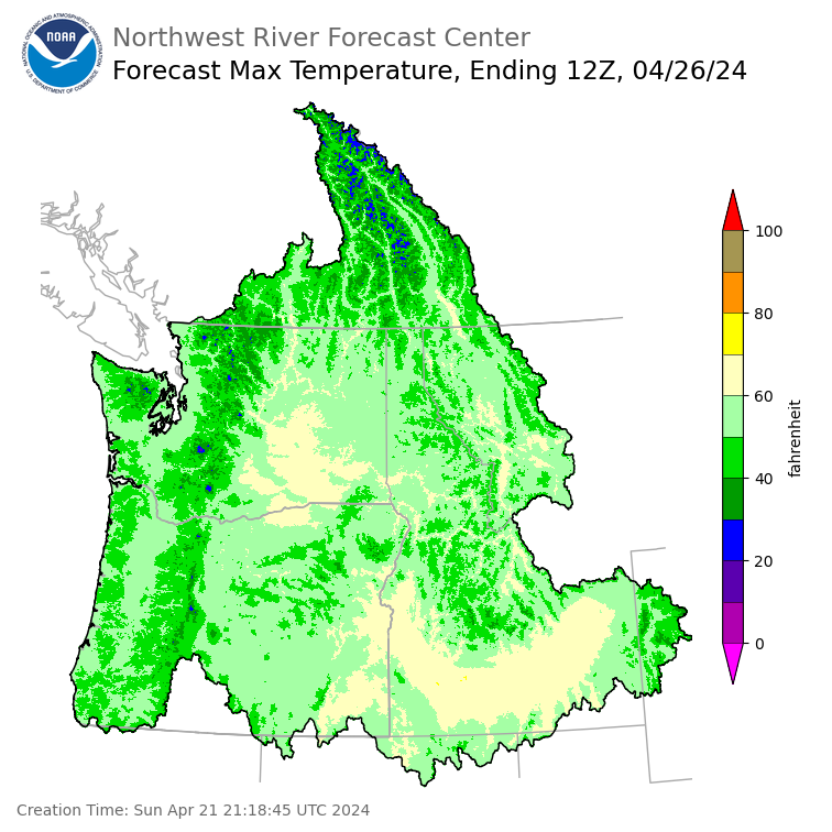 Day 5 (Thursday): Max Temperature Forecast ending Friday, April 26 at 5 am PDT
