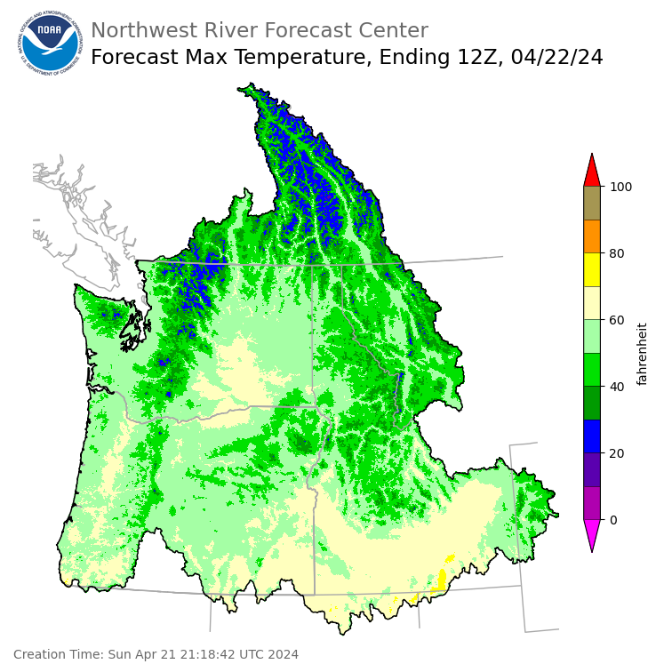 Day 1 (Sunday): Max Temperature Forecast ending Monday, April 22 at 5 am PDT