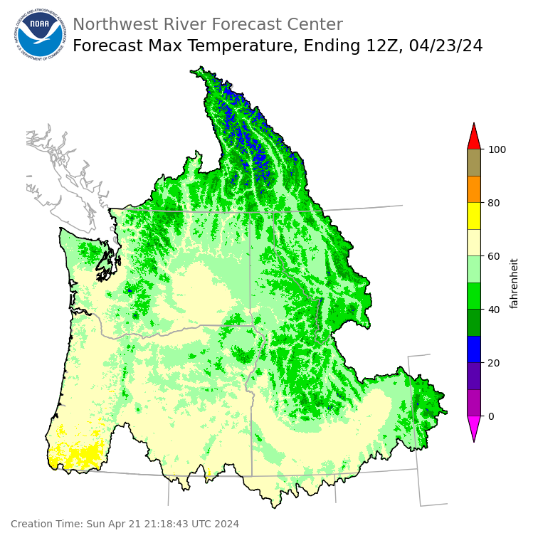 Day 2 (Monday): Max Temperature Forecast ending Tuesday, April 23 at 5 am PDT