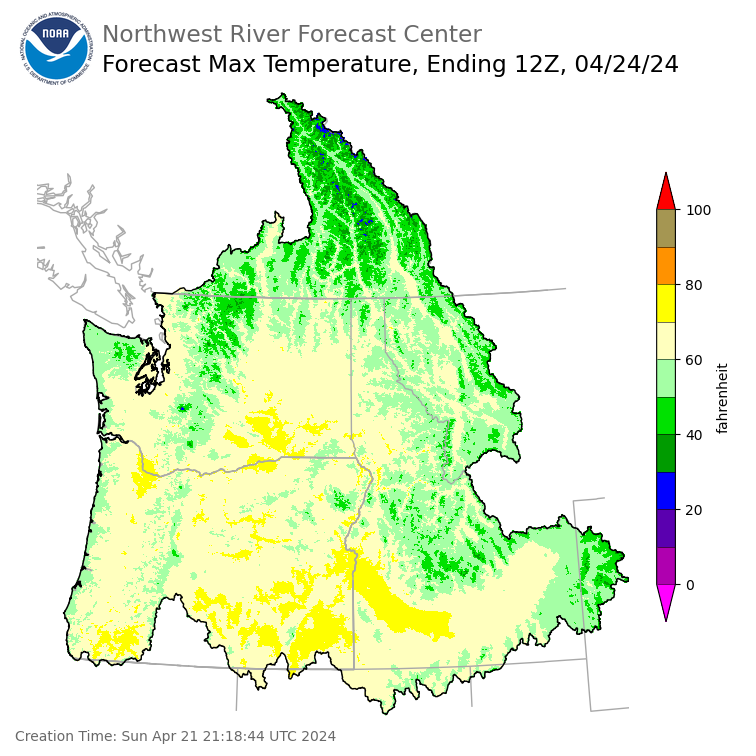Day 3 (Tuesday): Max Temperature Forecast ending Wednesday, April 24 at 5 am PDT