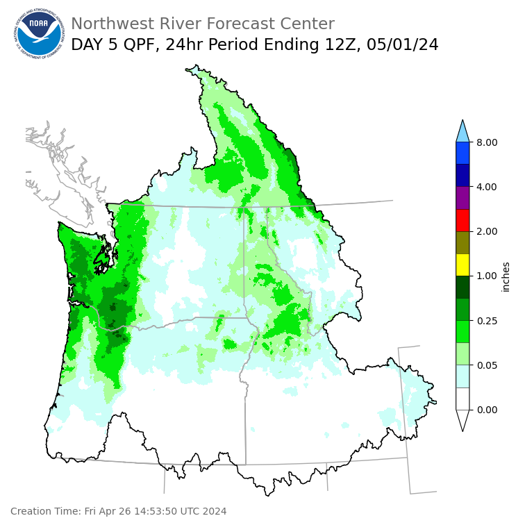Day 5 (Tuesday): Precipitation Forecast ending Wednesday, May 1 at 5 am PDT