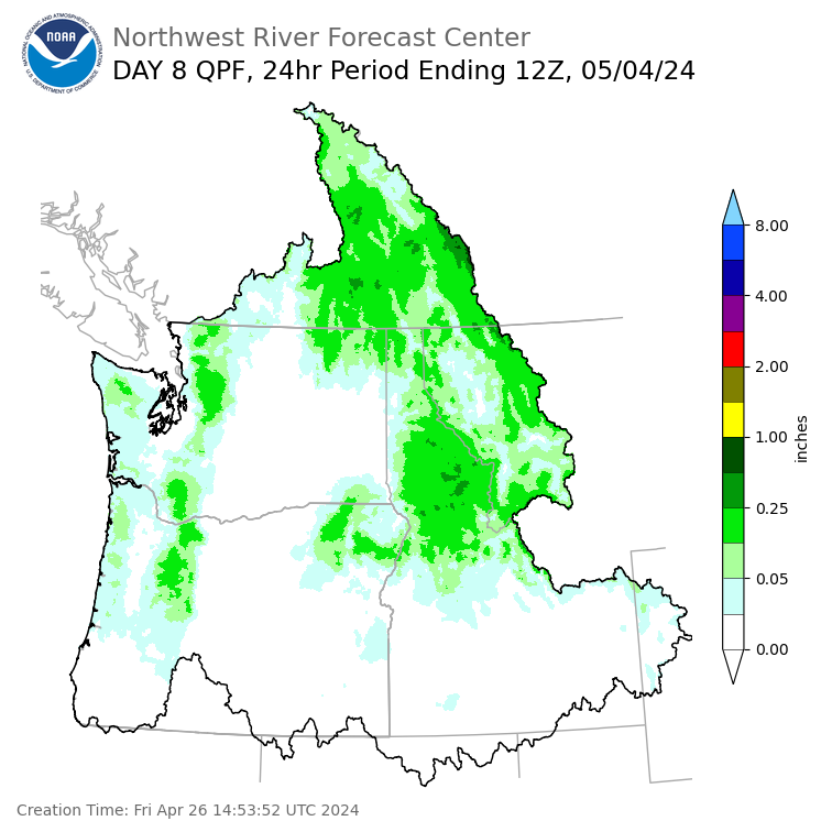 Day 8 (Friday): Precipitation Forecast ending Saturday, May 4 at 5 am PDT