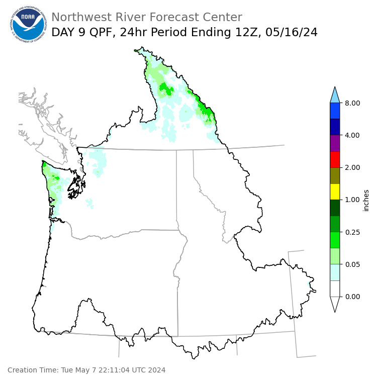 Day 9 (Wednesday): Precipitation Forecast ending Thursday, May 16 at 5 am PDT