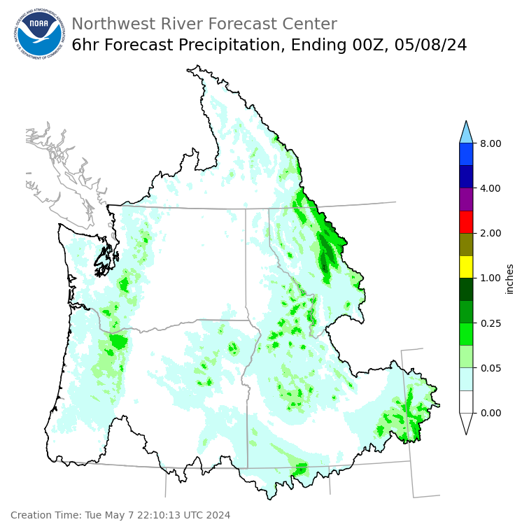 Day 1 (Tuesday): 6 Hourly Precipitation Forecast ending Tuesday, May 7 at 5 pm PDT