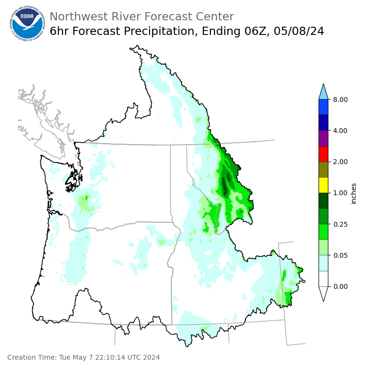 Day 1 (Tuesday): 6 Hourly Precipitation Forecast ending Tuesday, May 7 at 11 pm PDT