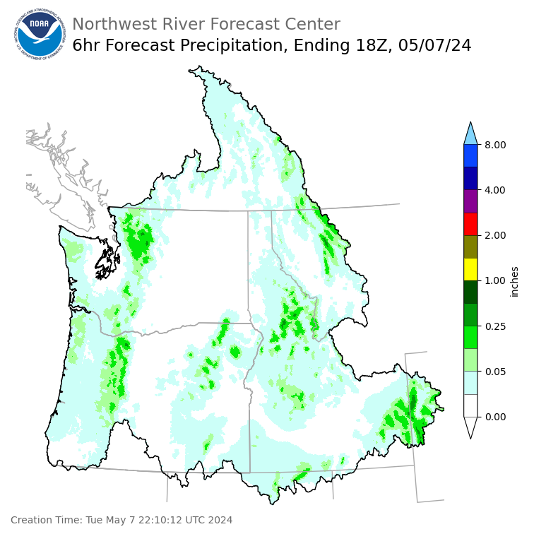 Day 1 (Tuesday): 6 Hourly Precipitation Forecast ending Tuesday, May 7 at 11 am PDT