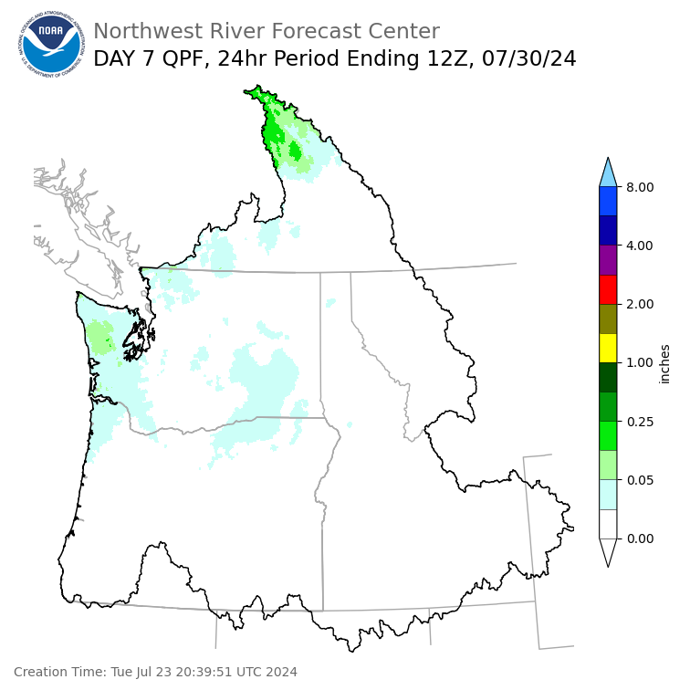 Day 7 (Monday): Precipitation Forecast ending Tuesday, July 30 at 5 am PDT