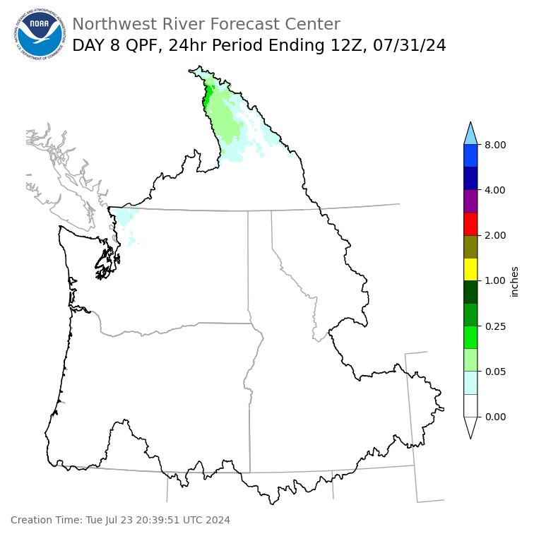 Day 8 (Tuesday): Precipitation Forecast ending Wednesday, July 31 at 5 am PDT