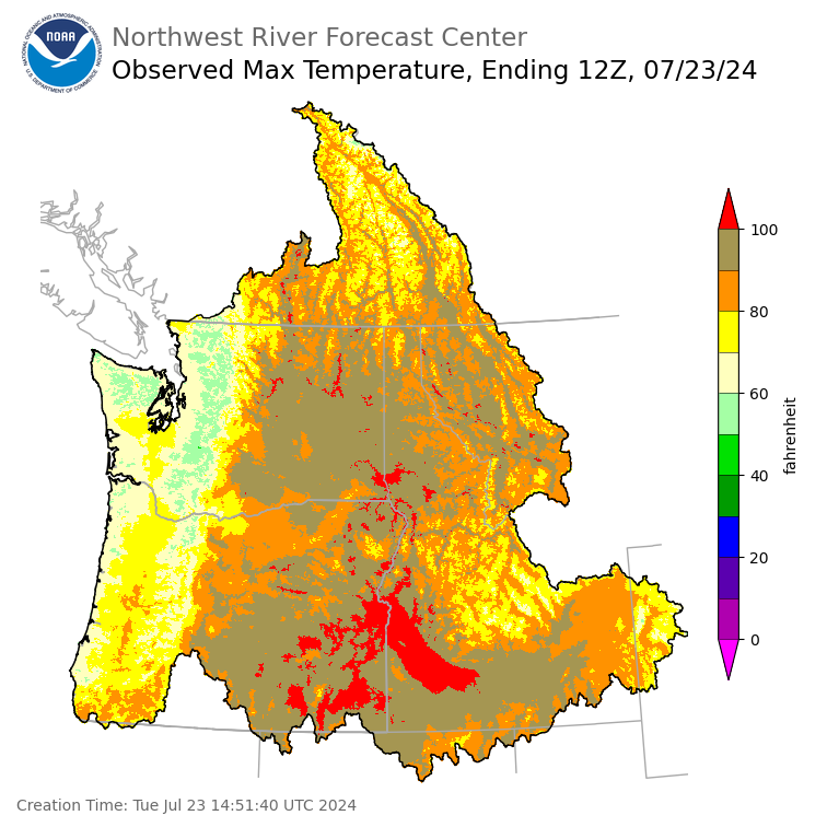 Maximum Temperatures ending Monday, July 22 at 9 pm PDT