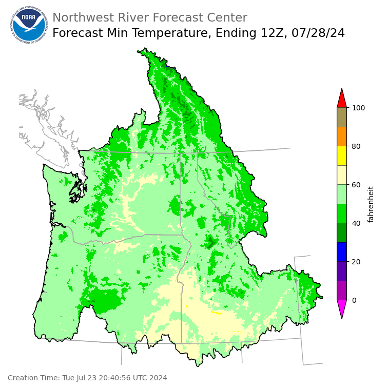 Day 5 (Saturday): Min Temperature Forecast ending Sunday, July 28 at 5 am PDT