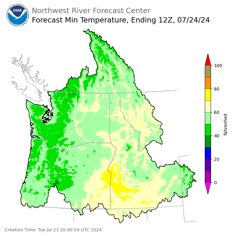 Day 1 (Tuesday): Min Temperature Forecast ending Wednesday, July 24 at 5 am PDT