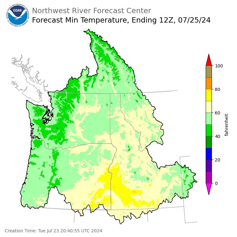 Day 2 (Wednesday): Min Temperature Forecast ending Thursday, July 25 at 5 am PDT