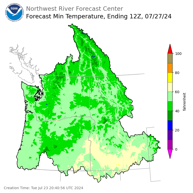 Day 4 (Friday): Min Temperature Forecast ending Saturday, July 27 at 5 am PDT
