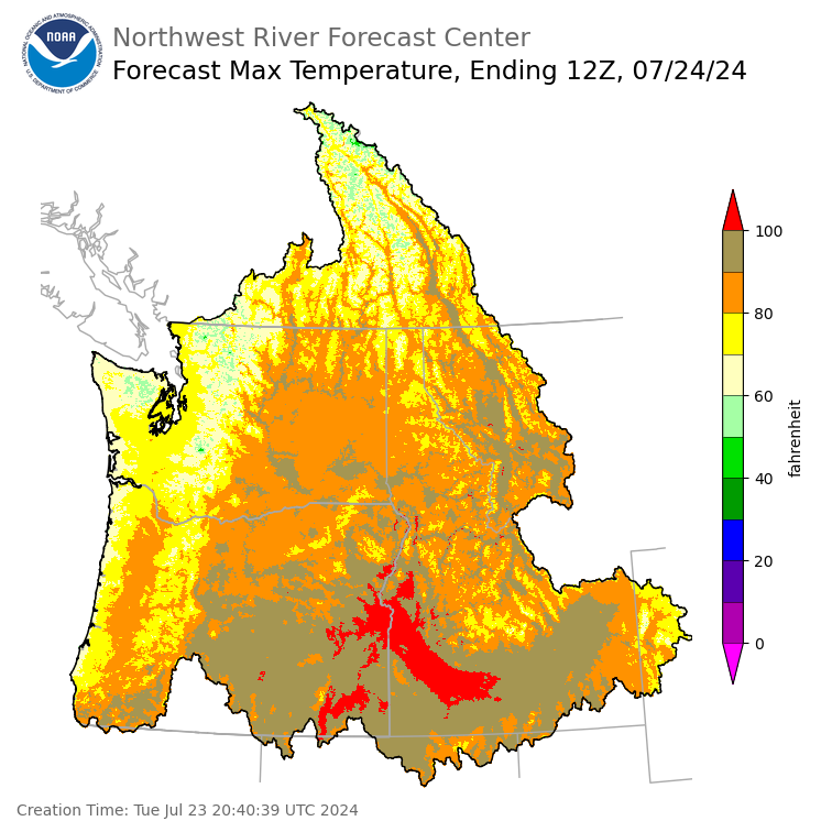 Day 1 (Tuesday): Max Temperature Forecast ending Wednesday, July 24 at 5 am PDT
