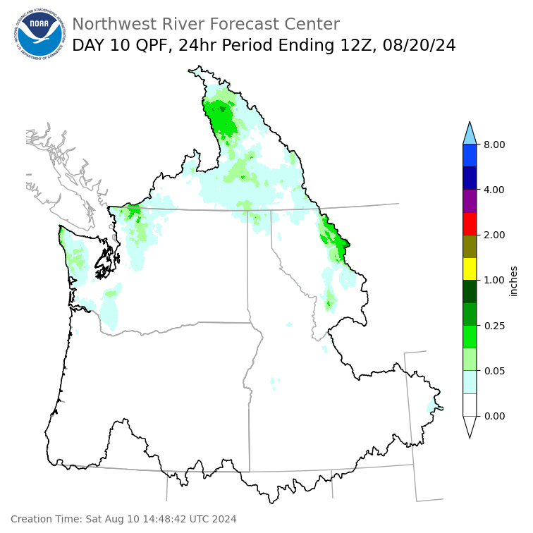 Day 10 (Monday): Precipitation Forecast ending Tuesday, August 20 at 5 am PDT