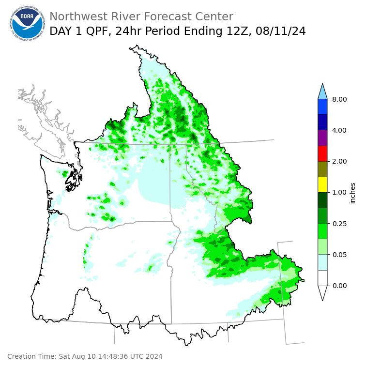 Day 1 (Saturday): Precipitation Forecast ending Sunday, August 11 at 5 am PDT