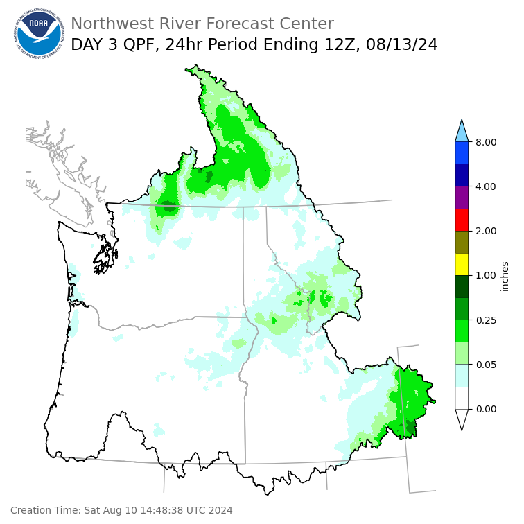 Day 3 (Monday): Precipitation Forecast ending Tuesday, August 13 at 5 am PDT