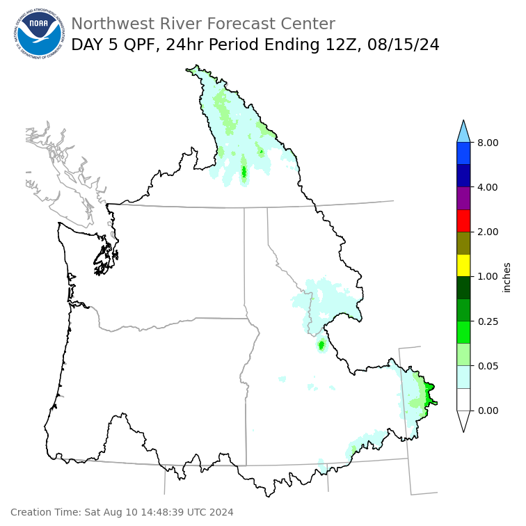 Day 5 (Wednesday): Precipitation Forecast ending Thursday, August 15 at 5 am PDT