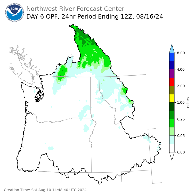 Day 6 (Thursday): Precipitation Forecast ending Friday, August 16 at 5 am PDT
