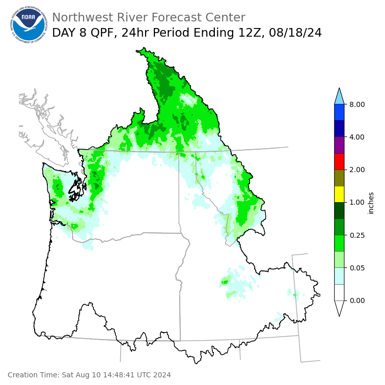 Day 8 (Saturday): Precipitation Forecast ending Sunday, August 18 at 5 am PDT