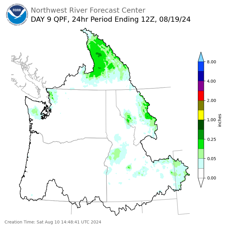 Day 9 (Sunday): Precipitation Forecast ending Monday, August 19 at 5 am PDT