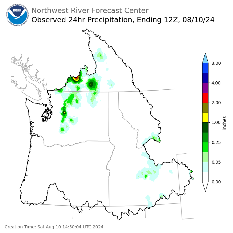 Observed Precipitation ending Saturday, August 10 at 5 am PDT