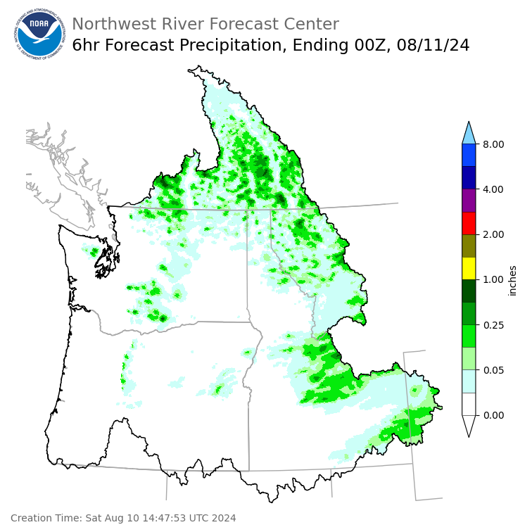 Day 1 (Saturday): 6 Hourly Precipitation Forecast ending Saturday, August 10 at 5 pm PDT