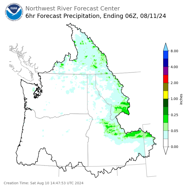 Day 1 (Saturday): 6 Hourly Precipitation Forecast ending Saturday, August 10 at 11 pm PDT