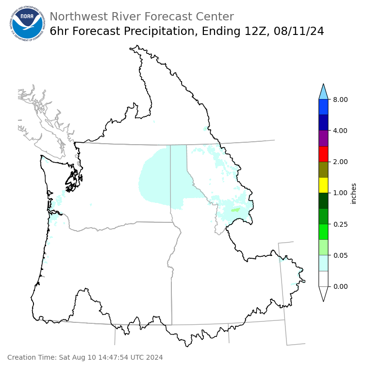Day 1 (Saturday): 6 Hourly Precipitation Forecast ending Sunday, August 11 at 5 am PDT