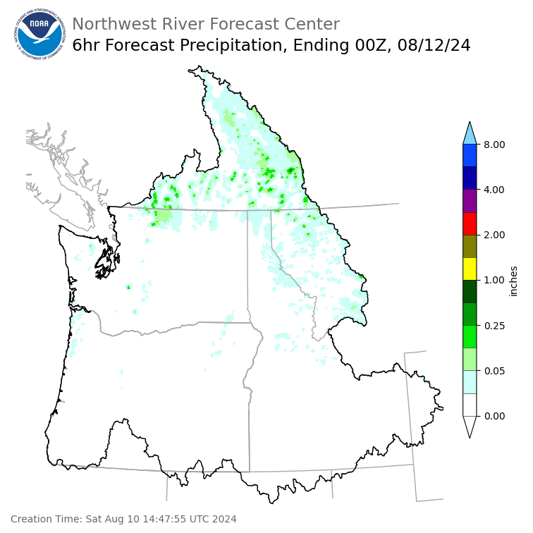 Day 2 (Sunday): 6 Hourly Precipitation Forecast  ending Sunday, August 11 at 5 pm PDT