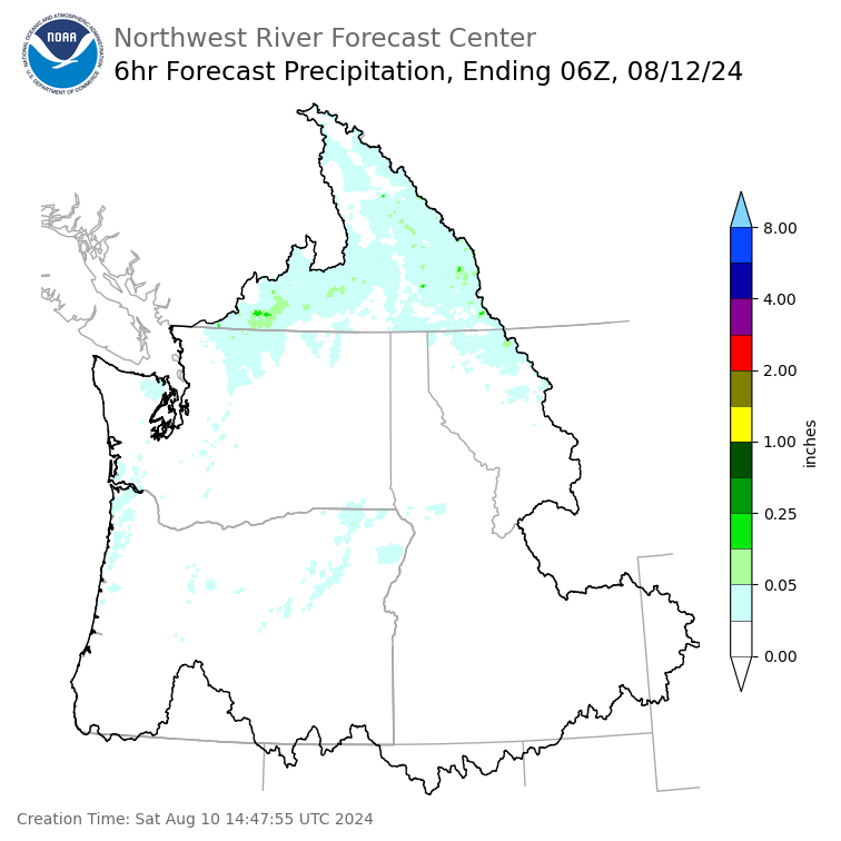 Day 2 (Sunday): 6 Hourly Precipitation Forecast  ending Sunday, August 11 at 11 pm PDT