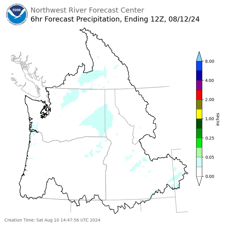 Day 2 (Sunday): 6 Hourly Precipitation Forecast  ending Monday, August 12 at 5 am PDT