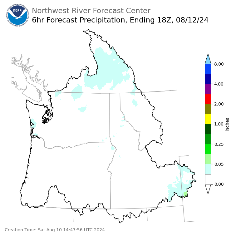 Day 3 (Monday): 6 Hourly Precipitation Forecast  ending Monday, August 12 at 11 am PDT