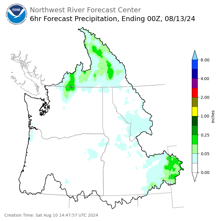 Day 3 (Monday): 6 Hourly Precipitation Forecast  ending Monday, August 12 at 5 pm PDT