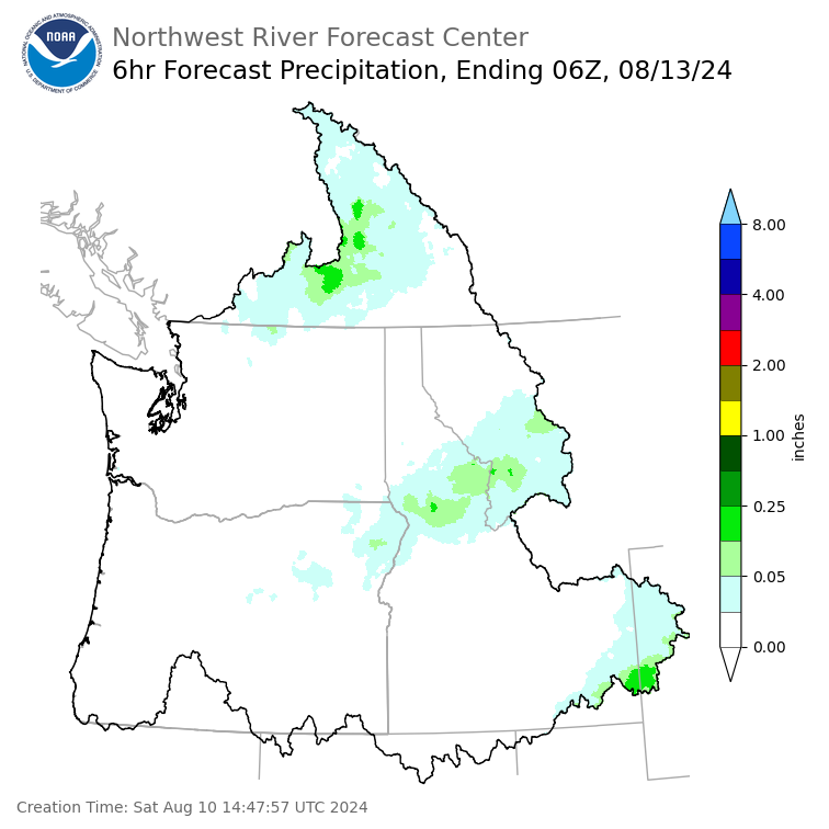 Day 3 (Monday): 6 Hourly Precipitation Forecast  ending Monday, August 12 at 11 pm PDT