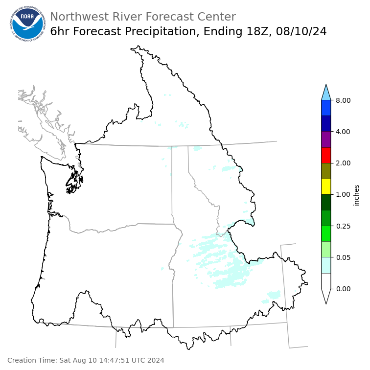 Day 1 (Saturday): 6 Hourly Precipitation Forecast ending Saturday, August 10 at 11 am PDT