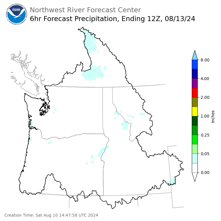Day 3 (Monday): 6 Hourly Precipitation Forecast  ending Tuesday, August 13 at 5 am PDT