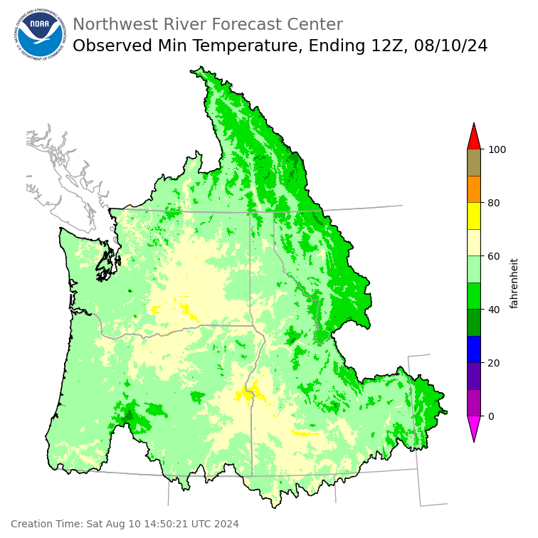 Minimum Temperatures ending Saturday, August 10 at 5 am PDT