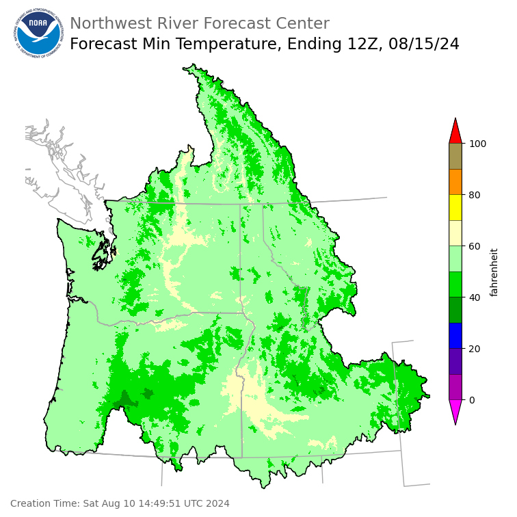 Day 5 (Wednesday): Min Temperature Forecast ending Thursday, August 15 at 5 am PDT