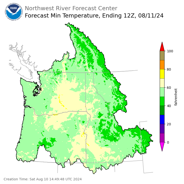 Day 1 (Saturday): Min Temperature Forecast ending Sunday, August 11 at 5 am PDT