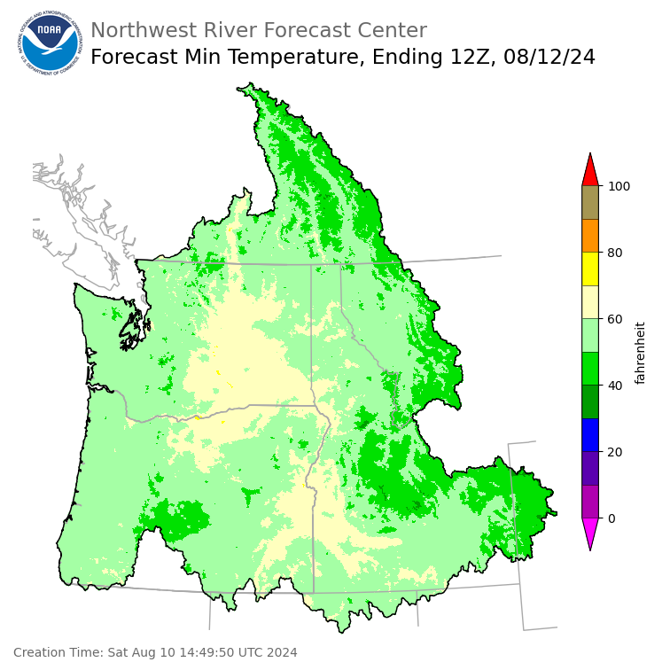 Day 2 (Sunday): Min Temperature Forecast ending Monday, August 12 at 5 am PDT