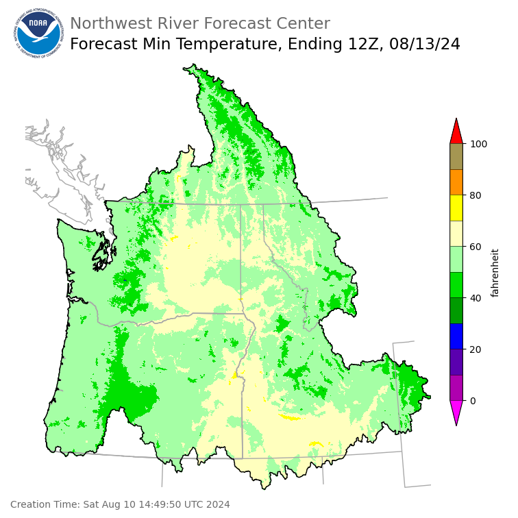 Day 3 (Monday): Min Temperature Forecast ending Tuesday, August 13 at 5 am PDT