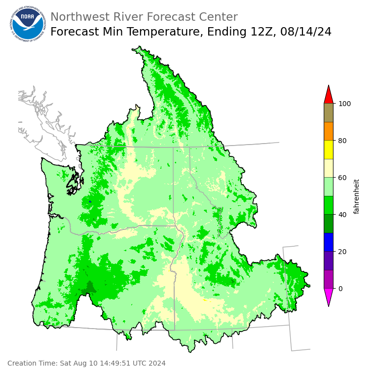 Day 4 (Tuesday): Min Temperature Forecast ending Wednesday, August 14 at 5 am PDT