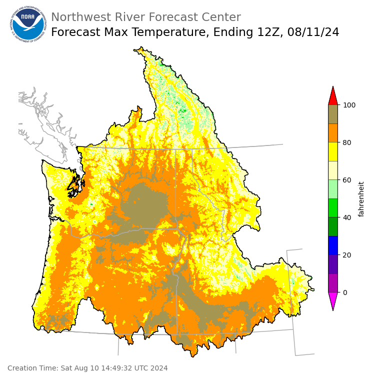 Day 1 (Saturday): Max Temperature Forecast ending Sunday, August 11 at 5 am PDT