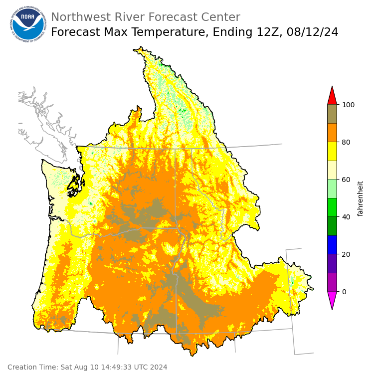 Day 2 (Sunday): Max Temperature Forecast ending Monday, August 12 at 5 am PDT