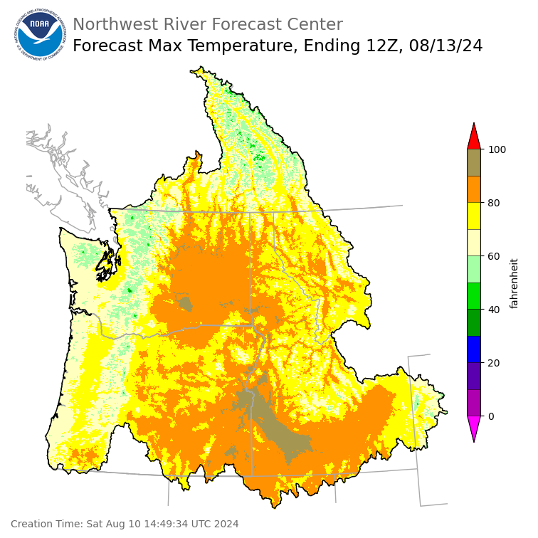 Day 3 (Monday): Max Temperature Forecast ending Tuesday, August 13 at 5 am PDT
