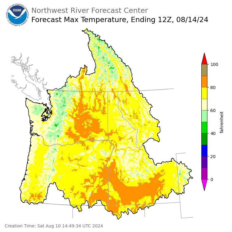 Day 4 (Tuesday): Max Temperature Forecast ending Wednesday, August 14 at 5 am PDT