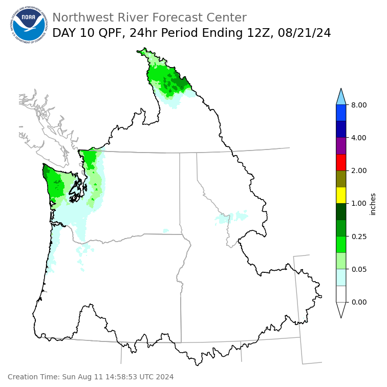 Day 10 (Tuesday): Precipitation Forecast ending Wednesday, August 21 at 5 am PDT
