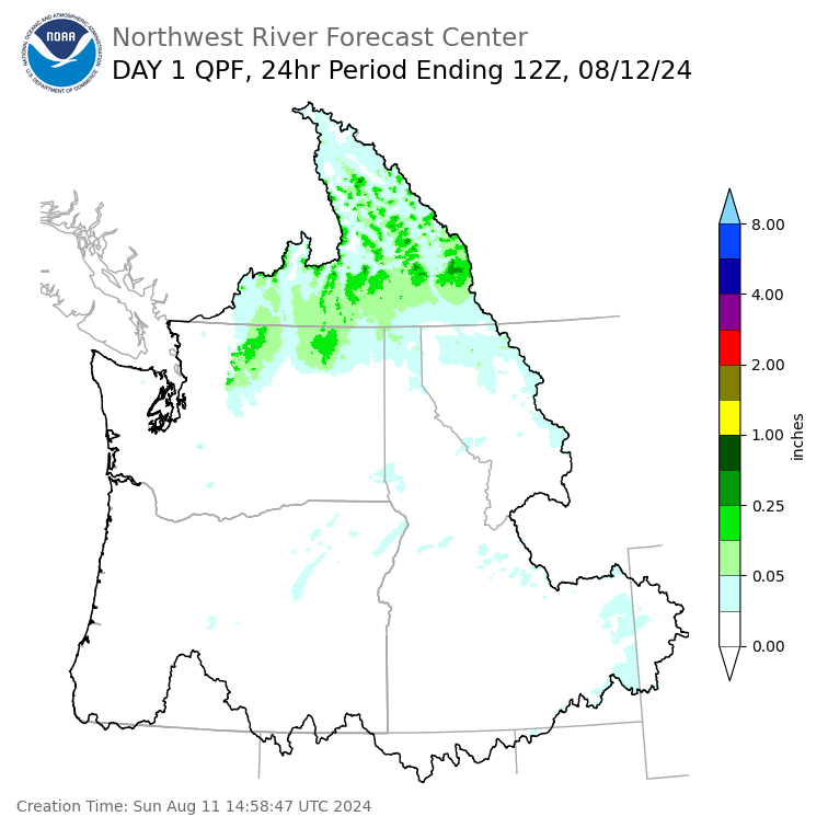 Day 1 (Sunday): Precipitation Forecast ending Monday, August 12 at 5 am PDT