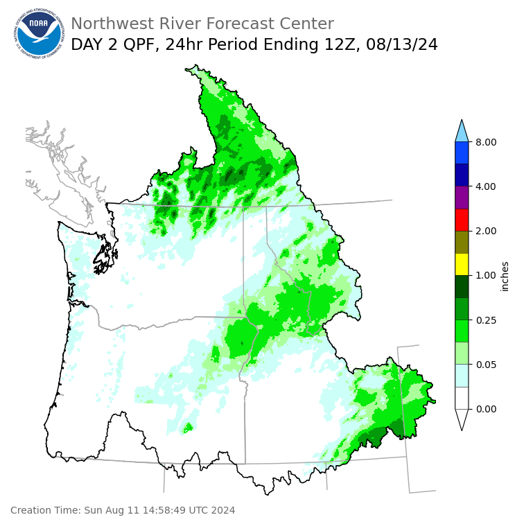 Day 2 (Monday): Precipitation Forecast ending Tuesday, August 13 at 5 am PDT